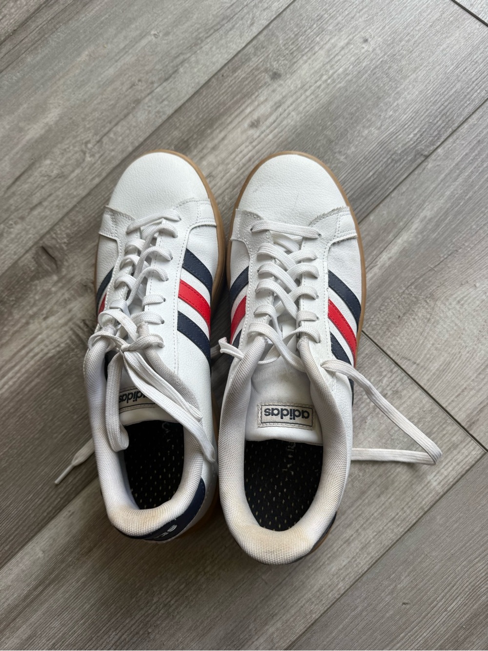 adidas White Sneakers with Navy & Red Side Stripes